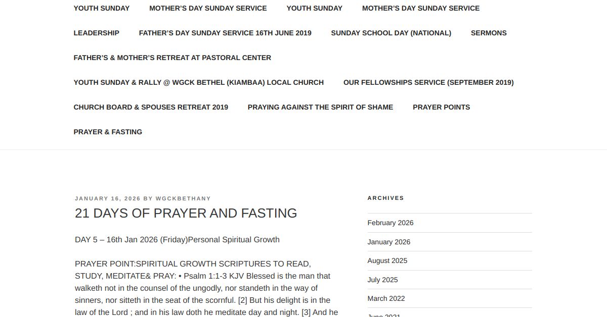 21 DAYS OF PRAYER AND FASTING – WGCK BETHANY WORSHIP CENTRE – (PIONEER ...